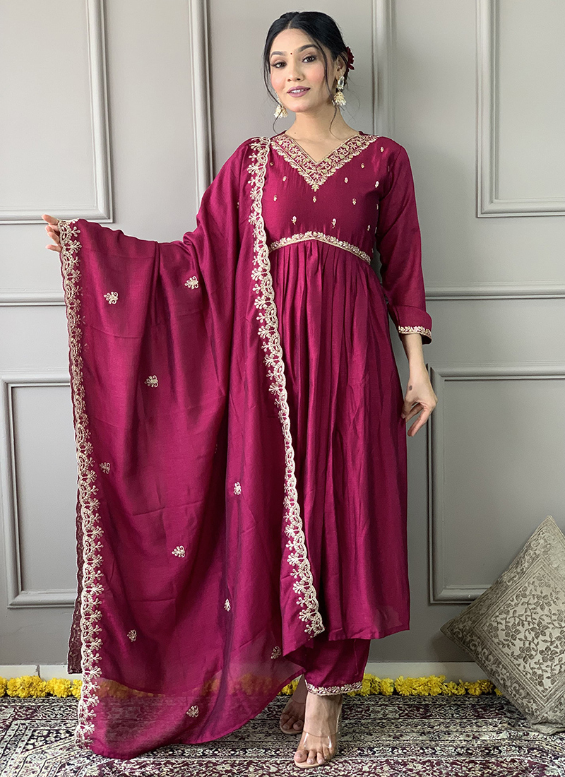 Women Wine Vichitra Silk  Embroidery Work Kurta Set With Dupatta